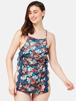 Secrets By ZeroKaata - Women Printed Satin Baby Doll Lingerie Navy Blue (Set of 2)