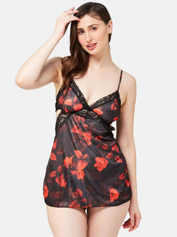 Secrets By ZeroKaata - Women Printed Satin Baby Doll Lingerie Black (Set of 2)