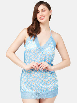 Secrets By ZeroKaata - Women Floral Printed Satin Baby Doll Lingerie Blue (Set of 2)