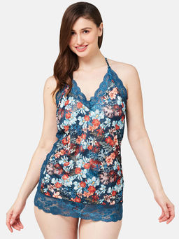 Secrets By ZeroKaata - Women Printed Satin Baby Doll Lingerie Blue (Set of 2)