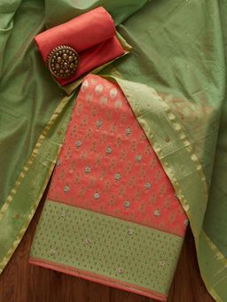Koskii - Peach Zariwork Brocade Designer Unstitched Salwar Suit (Set of Three)