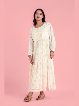 Saundh - Frozen Off White Long Dress In Full Sleeves