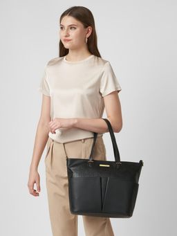 Caprese - Women Ostrich Black Large Tote Bag with Detachable Starp