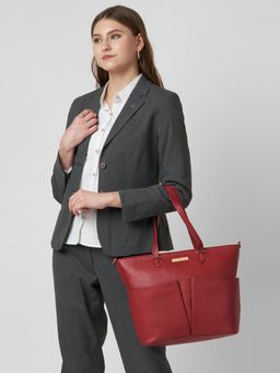 Caprese - Women Ostrich Cherry Burgundy Large Tote Bag with Detachable Starp