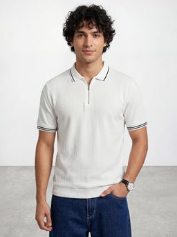 R&B - White Textured Regular Polo T-Shirt