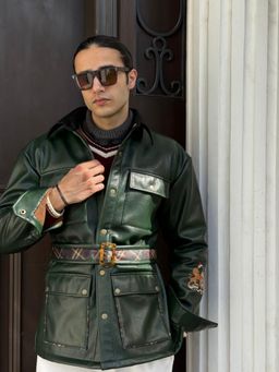 Dressjet - Green Solid/Plain Regular Jacket with Belt