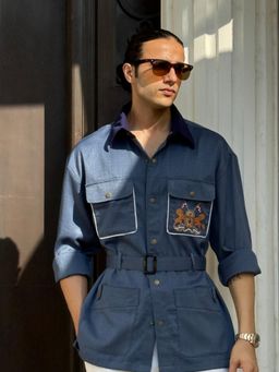 Dressjet - Blue Solid/Plain Regular Shirt with Belt