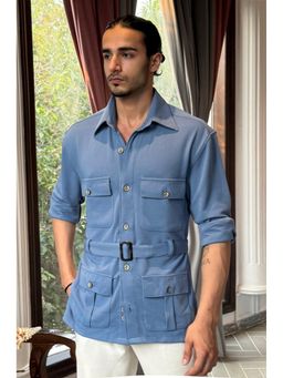 Dressjet - Blue Self Design Regular Shirt with Belt