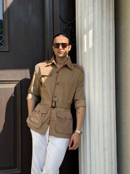 Dressjet - Beige Solid/Plain Regular Shirt with Belt