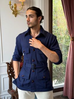 Dressjet - Blue Self Design Regular Shirt with Belt