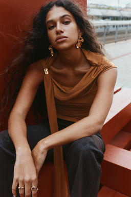 H&M - Women Brown Draped Cold-Shoulder Top