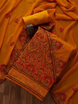 Koskii - Mustard Threadwork Georgette Designer Semi-Stitched Salwar Suit