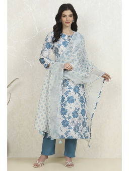 Biba - Blue Cotton Floral Unstitched Suit (Set of 3)
