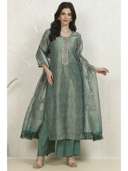 Biba - Teal Chanderi Unstitched Suit (Set of 3)