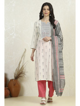 Biba - Grey Cotton Printed Embroidered Unstitched Suit (Set of 3)