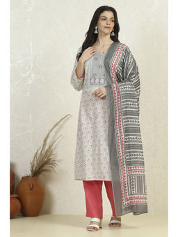 Biba - Grey Cotton Printed Embroidered Unstitched Suit (Set of 3)