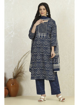 Biba - Navy Blue Cotton Machine Embroidered Unstitched Suit (Set of 3)