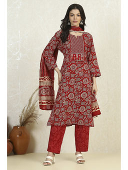 Biba - Red Cotton Printed Embroidered Unstitched Suit (Set of 3)