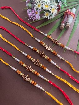 Digital Dress Room - Simple Ganesh Rakhi Beads & Moti RedOrange Thread Rakhi (Pack of 6)