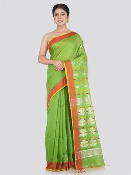 PinkLoom - Women's Cotton Blend Saree with Unstitched Blouse Piece, Green