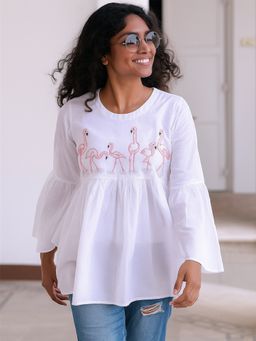 Okhai - Flamingo Feathers Embroidery Work Top