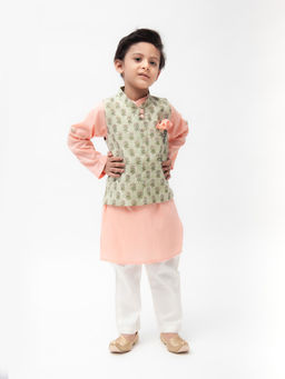 Fayon Kids - Green Print Jacket with Peach Kurta (Set of 3)