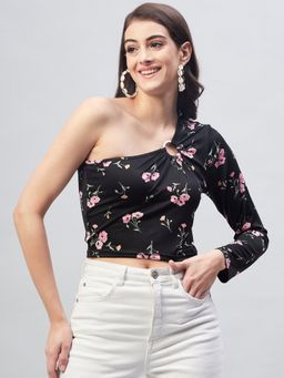 Marie Claire - Women Black Floral Print One Shoulder Crop Top