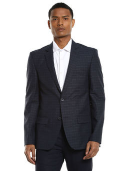 Arrow - Men Navy Blue Notch Lapel Collar Check Formal Blazer