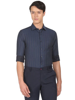 Arrow - Men Dark Blue Vertical Stripe Manhattan Slim Fit Formal Shirt