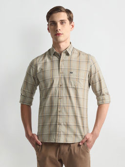 Arrow Sports - Tartan Check Slim Fit Beige Casual Shirt