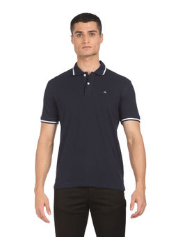 Arrow - Men Navy Blue Ribbed Collar Pique Solid Polo T-Shirt