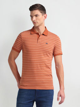 Arrow Sports - Striped Cotton Orange Polo T-Shirt