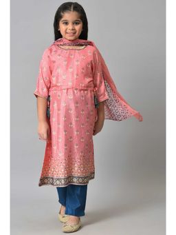 Aurelia - Liva Pink Floral Printed Kurta With Blue Trousers And Pink Dupatta (Set of 3)