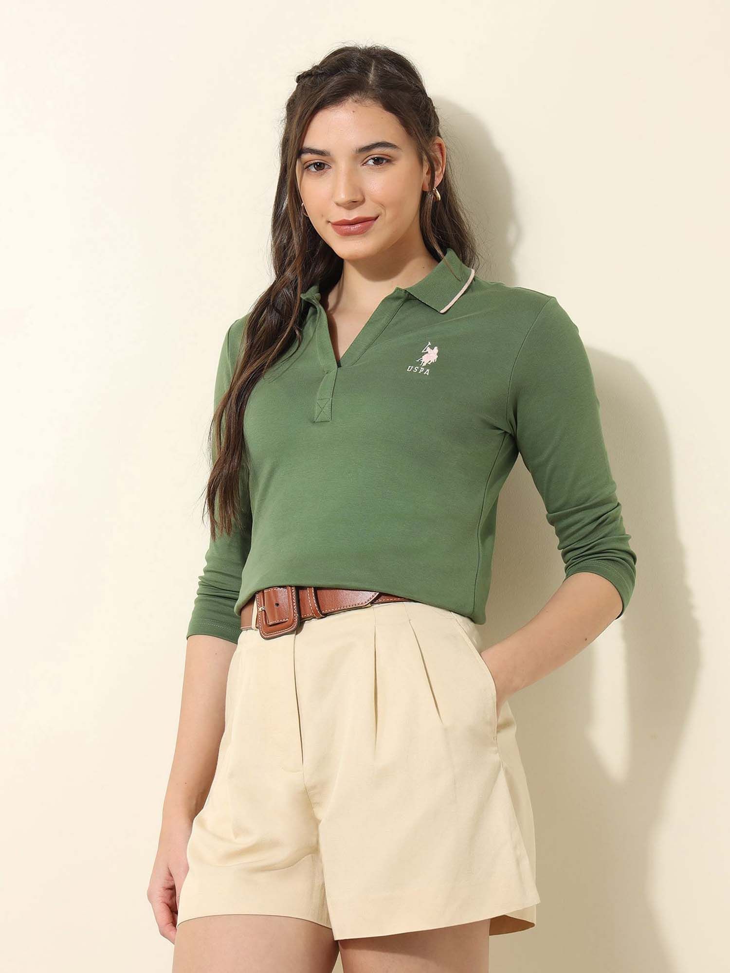 Green Solid Regular Fit Polo T-Shirt-image-2