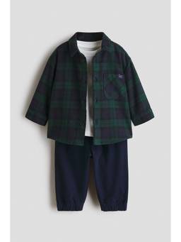 H&M - Boys Green 3-Piece Cotton Shirt with T-Shirt and Joggers