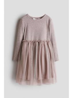 H&M - Girls Beige Long-Sleeved Tulle-Skirt Dress