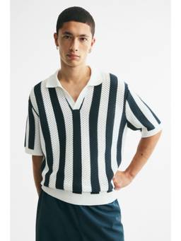 H&M - Men Teal Relaxed Fit Hole-Knit Polo T-Shirt