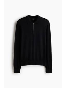 H&M - Men Black Regular Fit Merino Wool Zip-Top Polo T-Shirt