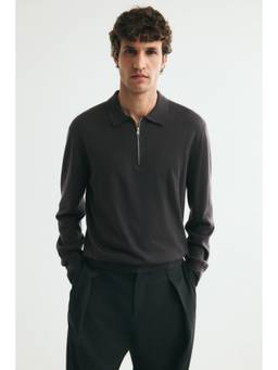 H&M - Men Grey Regular Fit Merino Wool Zip-Top Polo T-Shirt