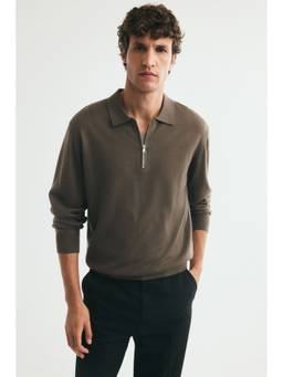 H&M - Men Brown Regular Fit Merino Wool Zip-Top Polo T-Shirt
