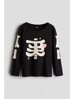 H&M - Girls Black Long-Sleeved Printed Top