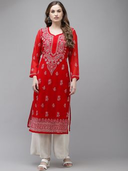 ADA - ethnic Handmade embroidery Red Georgette Lucknow Chikankari Kurta & Slip (Set of 2) A411351