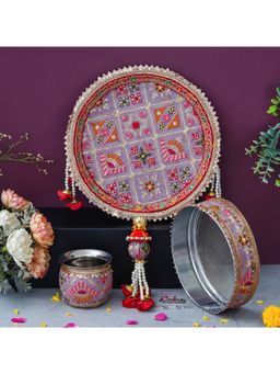 eCraftIndia - Red Floral Decorative Stainless Steel Karwa Chauth Thali