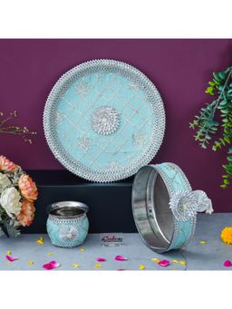 eCraftIndia - Blue Silver Floral Decorative Stainless Steel Karwa Chauth Thali