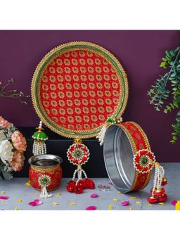 eCraftIndia - Red Green Floral Decorative Stainless Steel Karwa Chauth Thali
