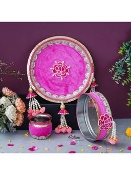 eCraftIndia - Pink Decorative Stainless Steel Karwa Chauth Thali