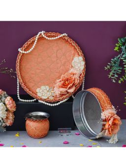 eCraftIndia - Orange Floral Decorative Stainless Steel Karwa Chauth Thali