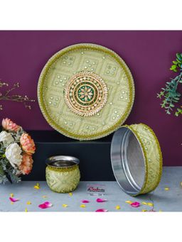 eCraftIndia - Green Floral Decorative Stainless Steel Karwa Chauth Thali