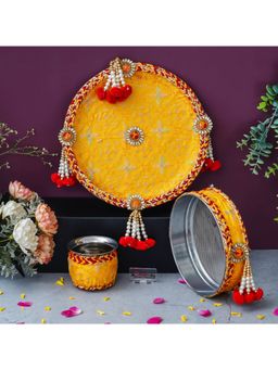 eCraftIndia - Yellow Red Floral Decorative Stainless Steel Karwa Chauth Thali