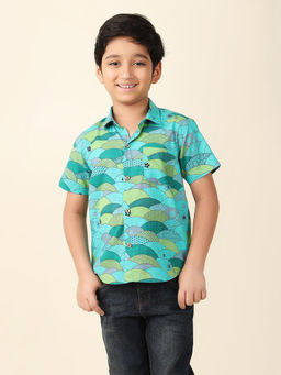 Fabindia - Teal Cotton Printed Shirt